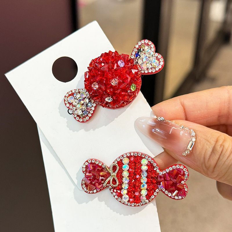 Presilha de Cabelo Vermelha com Diamantes para o Ano Novo 2025, Presilha Bico de Pato Doce, Presilha Lateral, Presilha d