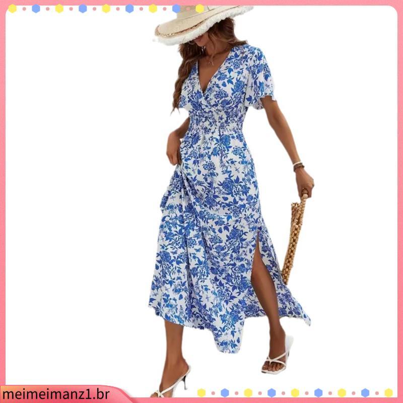 Vestido novo vestido feminino de verão premium plus size feminino gordo mm vestido longo com cintura fina com gola v sai