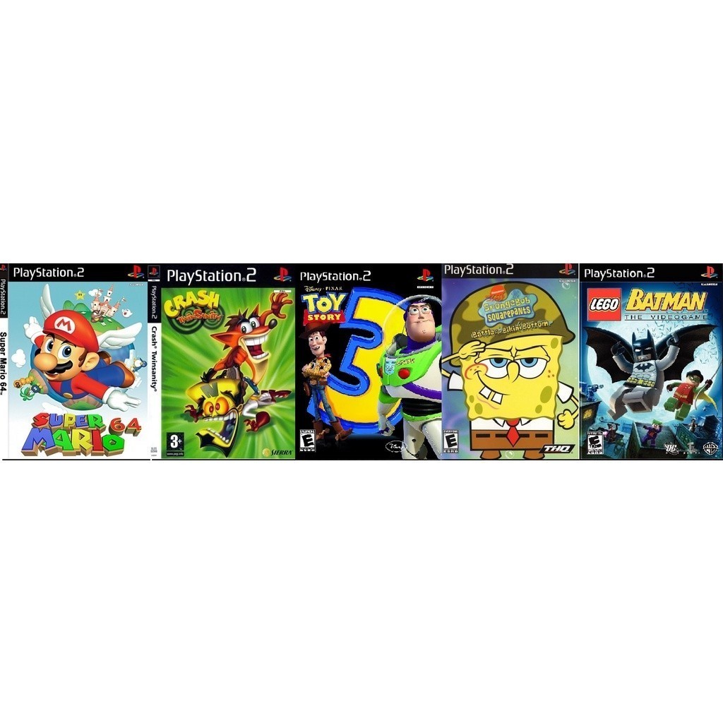 PS2 5 Jogos  Mario 64 Crash Toy Story Bob Esponja Lego Batmann PLAY 2