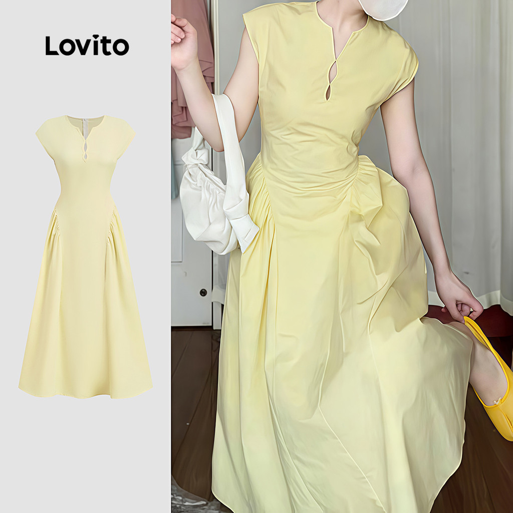 Lovito Vestido Amarelo de Verão/primavera com Recortes e Pregas Vestido Casual para mulheres LK5LD1159