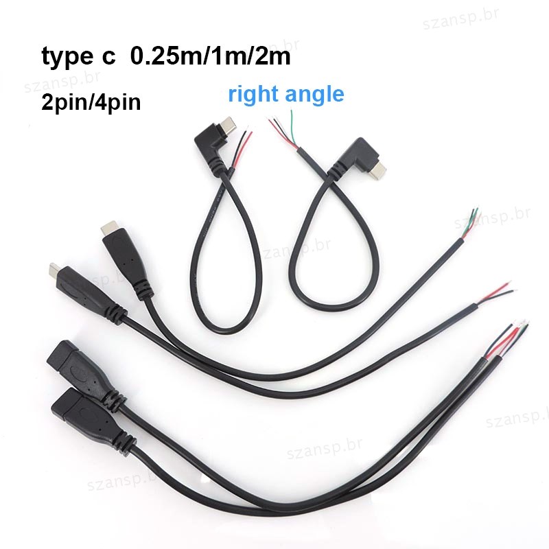 USB 2.0 Tipo C Macho Fêmea 0.25/1/2m 2 4 Núcleos Pino Fio Data De Alimentação Cabo De Carregamento Ângulo Reto Conector