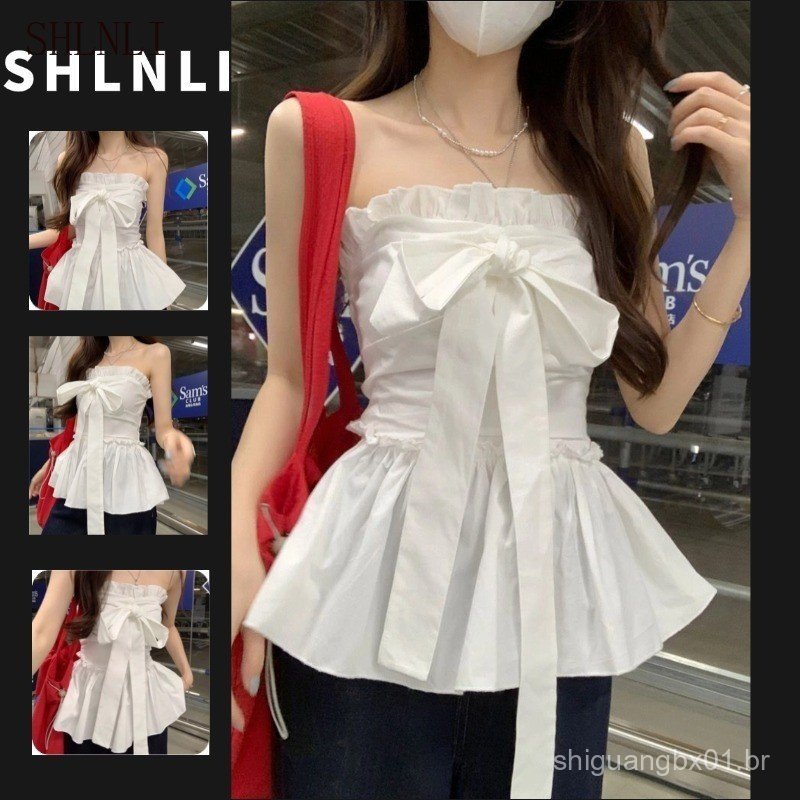 Camisola Feminina com Laço e Peplum, Ajustada, Sem Mangas, Casual, Doce, Primavera Verão WA2P