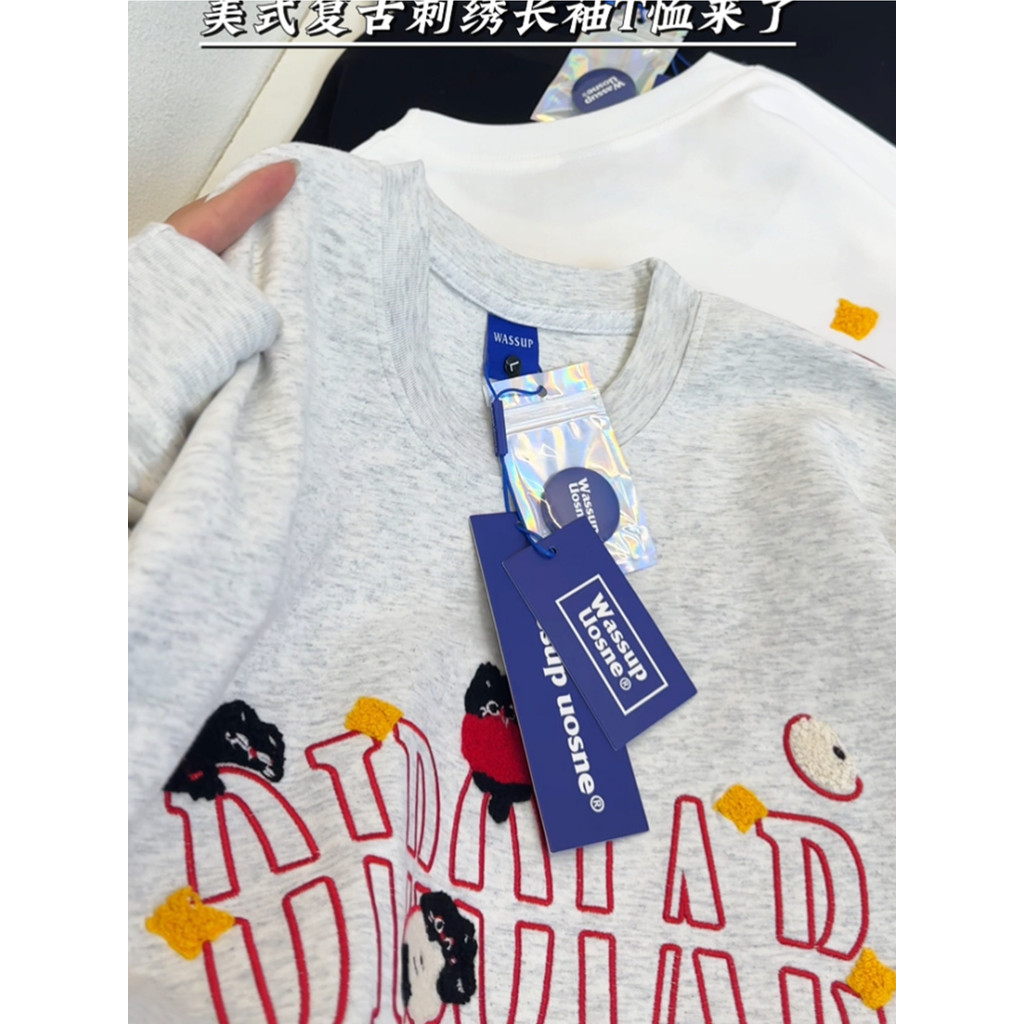 Branco cinza puro algodão bordado carta de manga comprida camiseta masculino feminino estilo 2026 novo estilo primavera 