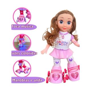 Boneca Patinadora Musical c/ Luzes Led Coloridas, Anda e Faz Manobras, Brinquedo Infantil Interativo, C/ Luz e Musica