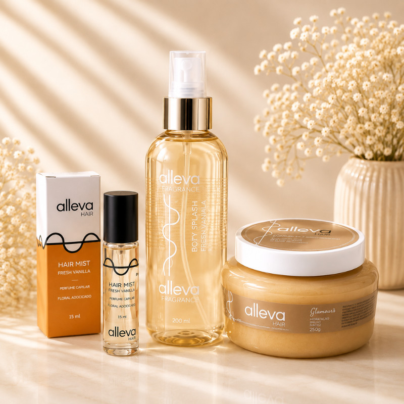 Kit Alleva Fresh Vanilla -  Body Splash + Hidratante + Perfume Capilar Fragrância Doce Sofisticada Feminino