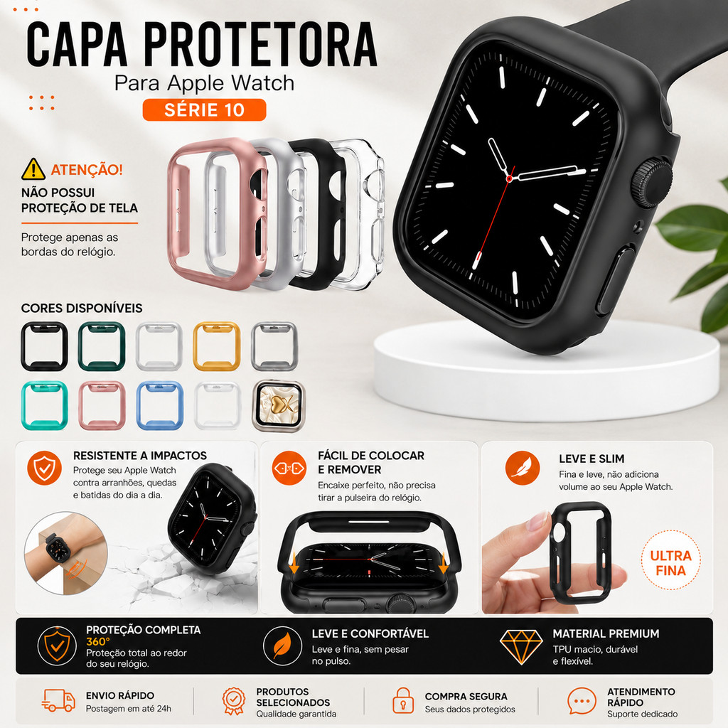 Capa Bumper Lateral Aberta para Apple Watch Series11 10 9 8 7 6 5 4 3 2 1 Sem Proteção de Tela 38 40 41 42 44 45 46 49mm