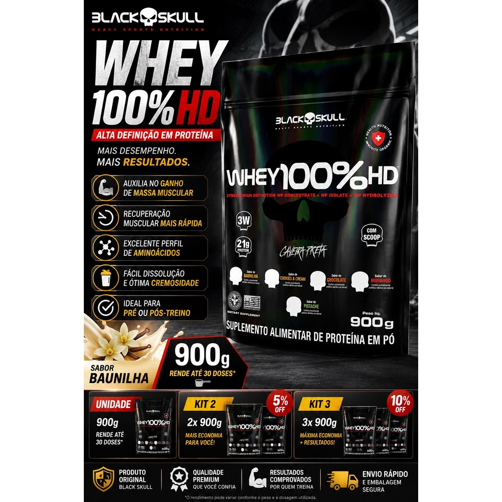 Whey 100% HD (900g) Baunilha Black Skull | Whey Protein 3W | Ganho de Massa Muscular | Alta Proteína