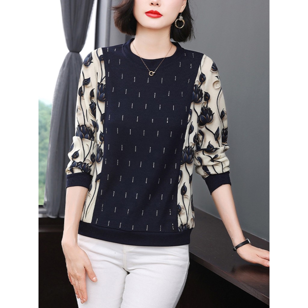Primavera outono manga comprida em torno do pescoço camiseta feminina solta estilo ocidental redução de idade impresso c