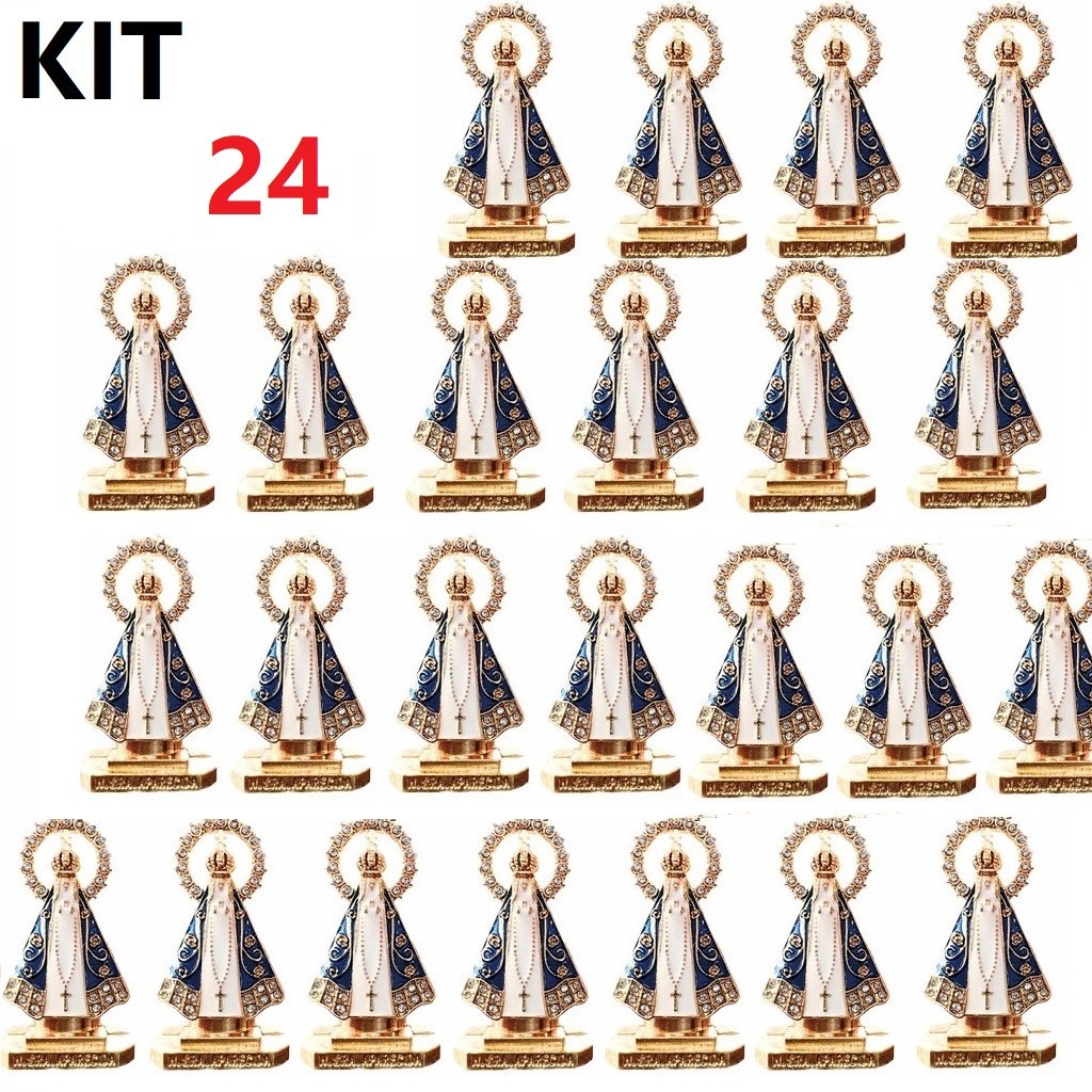Kit com 24 Mini Imagens Nossa Senhora Aparecida 5,5cm em Metal para Carro Casa Escritório com Base Adesiva