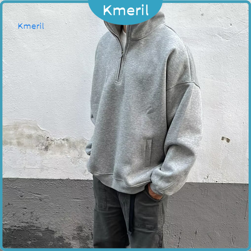 Long-sleeve Stand-up Collar Sweatshirt Men Solid Color Men's Fall Winter Half-zip Stand Pullover Loose Fit Long Sleeve C