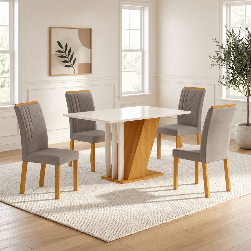 Conjunto Sala de Jantar Mesa Tampo MDF/MDP com 4 Cadeiras Miami Yescasa Off White/Freijó/Prata Freijo/OffWhite/Prata