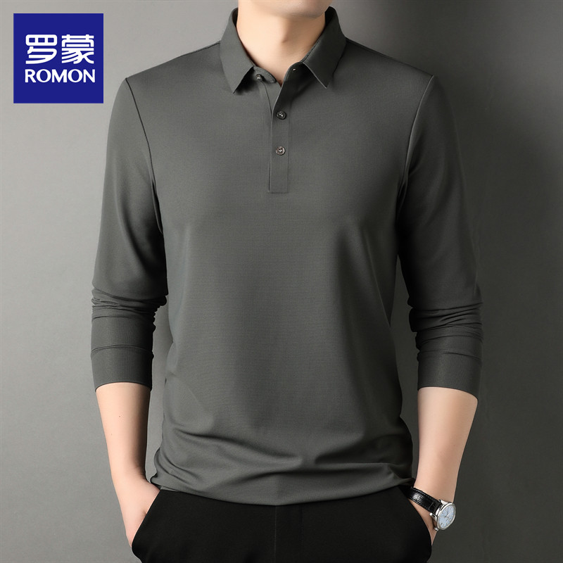 Lomon primavera outono masculino de manga comprida negócios Waffle cor sólida camisa POLO de meia-idade jovem colo de me