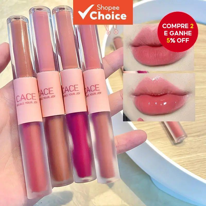 Batom De Maquiagem De Ponta Dupla Cace , Brilho Labial Espelhado Aquoso , Esmalte Fosco , Hidratante , Antiaderente