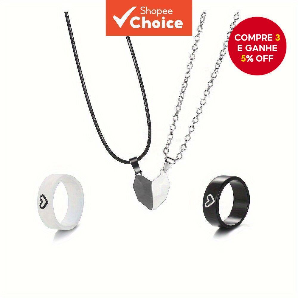 Dia Dos Namorados 4 Peças Coração Pingente Magnético Colar E Anel Conjunto Minimalista Preto Branco Joias De Casal