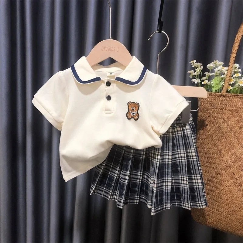 Meninas na moda terno saia moda estilo ocidental jk uniforme terno de duas peças crianças bebê menina roupas de verão pu