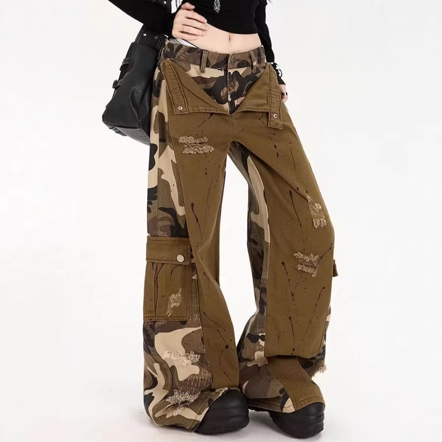 calca Calça jeans Feminina plus size Falsa De Duas Peças Emendada Camuflada Roupa De Trabalho Doce Legal Na Moda Picante