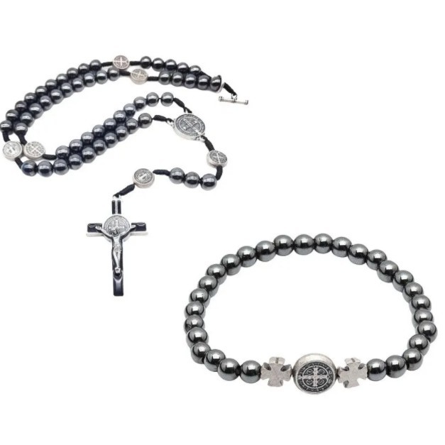 Kit Terço Colar masculino  Hematita com feicho + Pulseira Hematita com medalhas de são bento