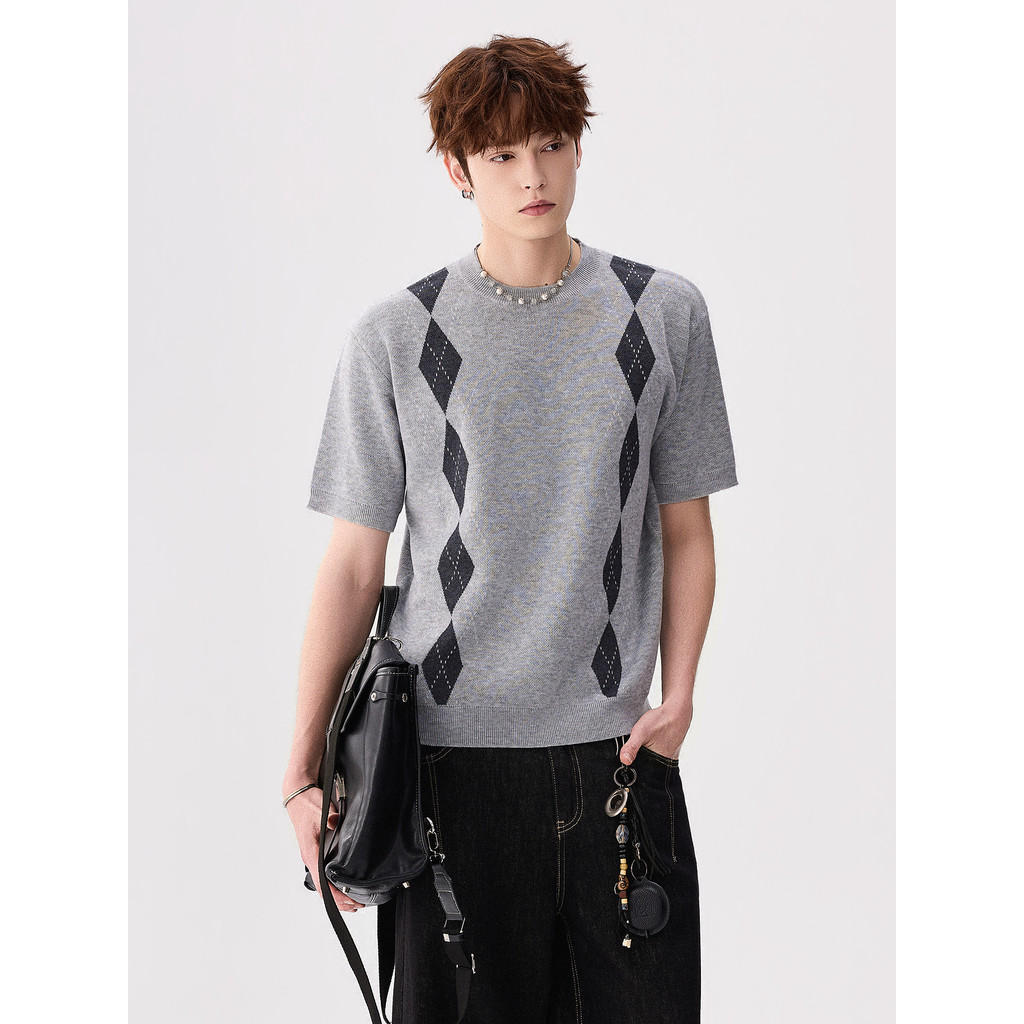 CHICERRO Sicilian Roupas Masculinas Nicho Original High-End Estilo Preppy miu Estilo Diamante Malha Manga Curta Masculin