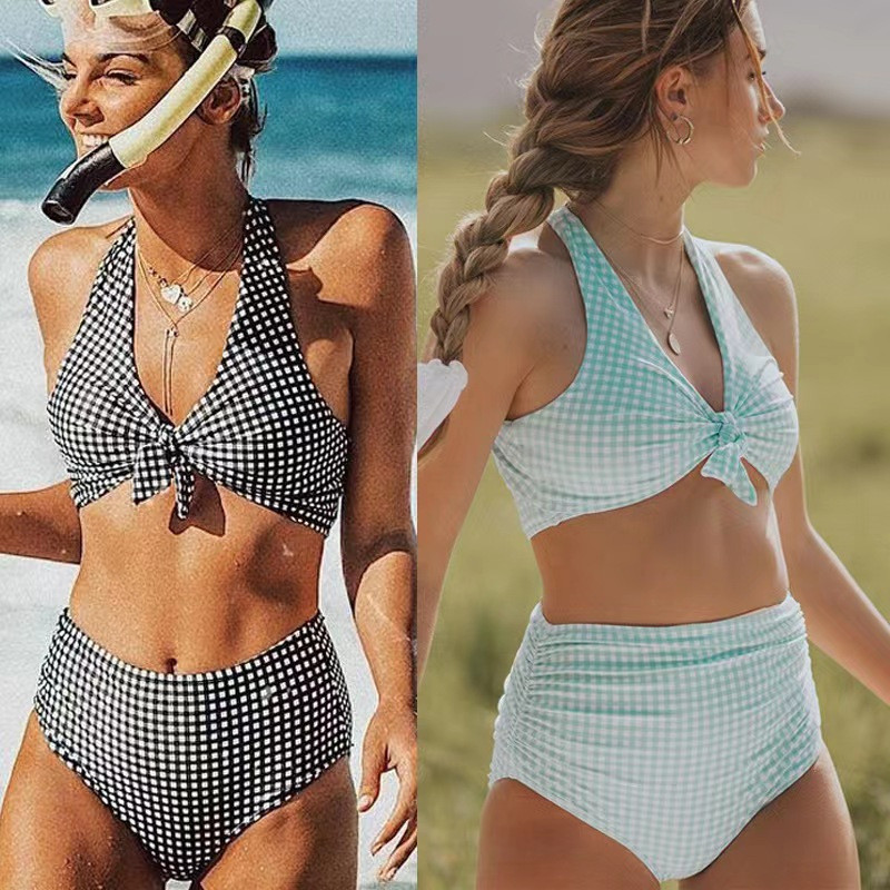 Biquíni Feminino, Sem Costas, Com Tiras Cruzadas, Estampa Xadrez Preto e Branco, Cintura Alta, Decote Profundo Sexy, Biq