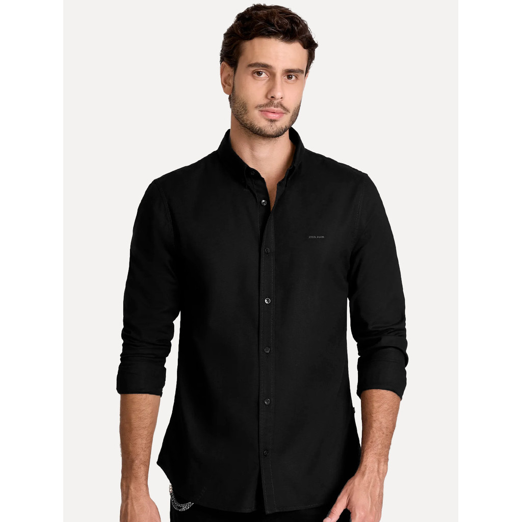 Camisa John John Masculina Slim Oxford Dark Logo Original Preta
