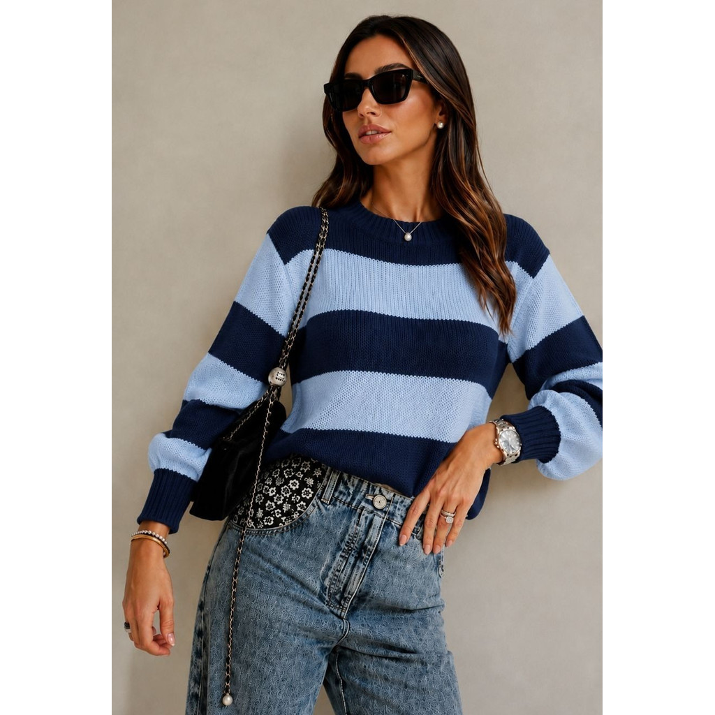 Blusa Suéter Tricot Feminino Listrada Manga Longa Bufante Outono Inverno