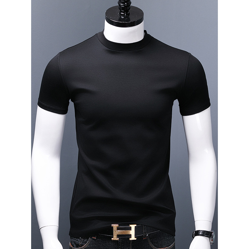 Camiseta masculina de algodão mercerizado com gelo de alta qualidade, camisa de fundo fino, primavera pequena, gola alta