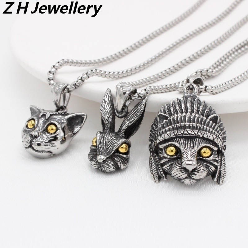 Moda Masculina Vintage De Aço Inoxidável Gem Cabeça De Gato Coelho Crânio Pingente Colar Hip Hop Festa Titânio Jóias Ace