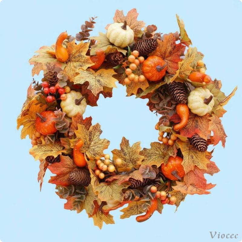 [Viocee] Coroa De Folhas De Outono , Flor De Seda , Abóbora , Pinha , Decoração Guirlanda Para Varanda , Porta Da Frente