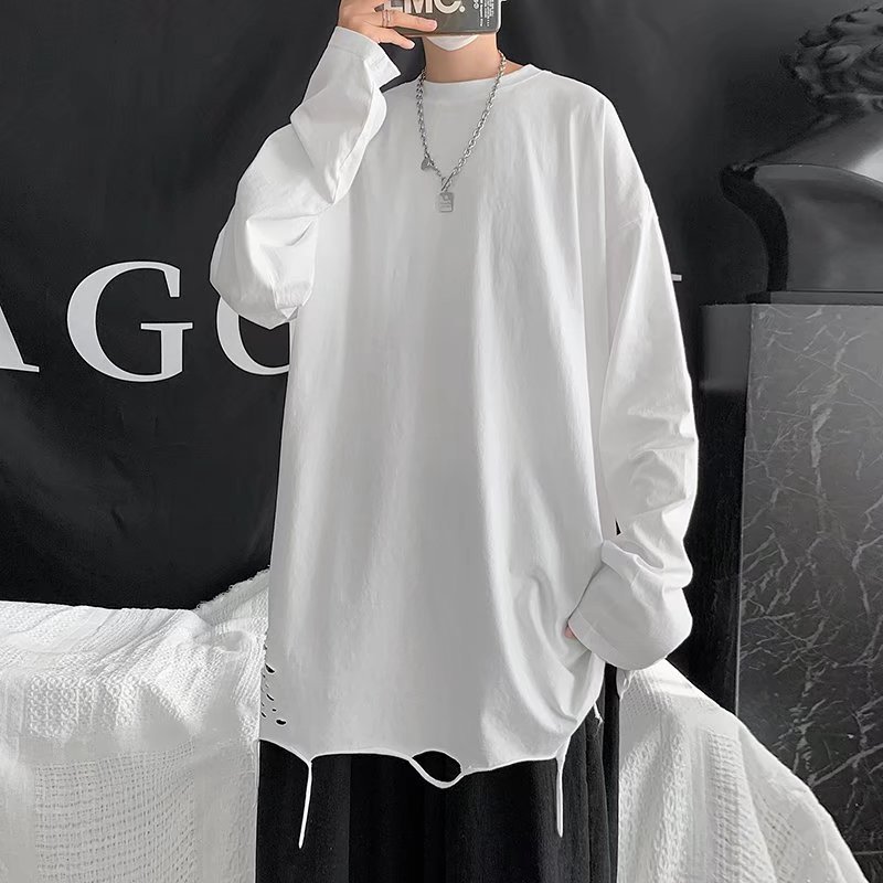 Camisa de fundo bainha rasgada branca de manga comprida camiseta masculina primavera ins estilo Hong Kong na moda moleto