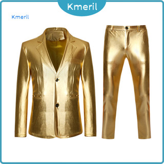 Men Suit Coat Pants Set Formal 2pcs Business – Lapel Single Breasted Blazer Long Stylish Golden Stamping Design Office