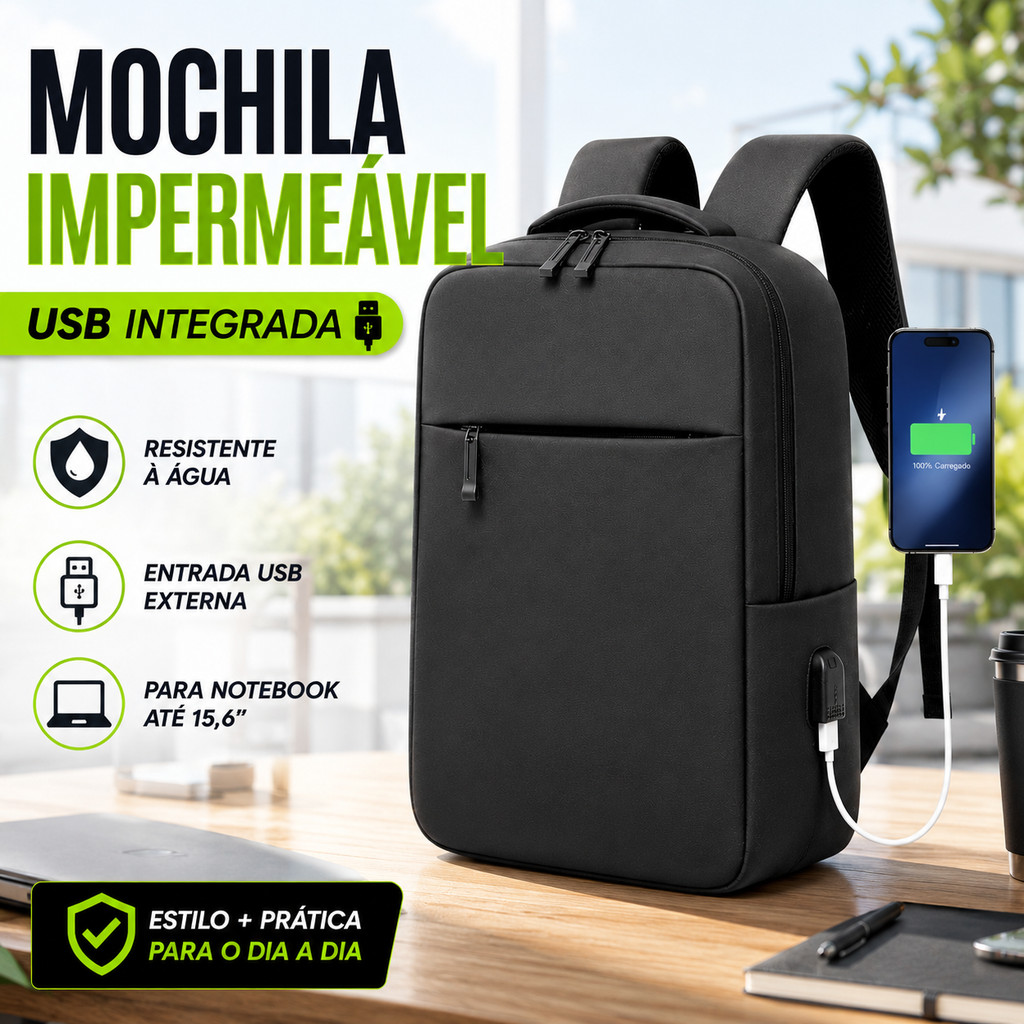 Mochila 24L Impermeável USB Antifurto Notebook Faculdade Viagem Trabalho Executiva