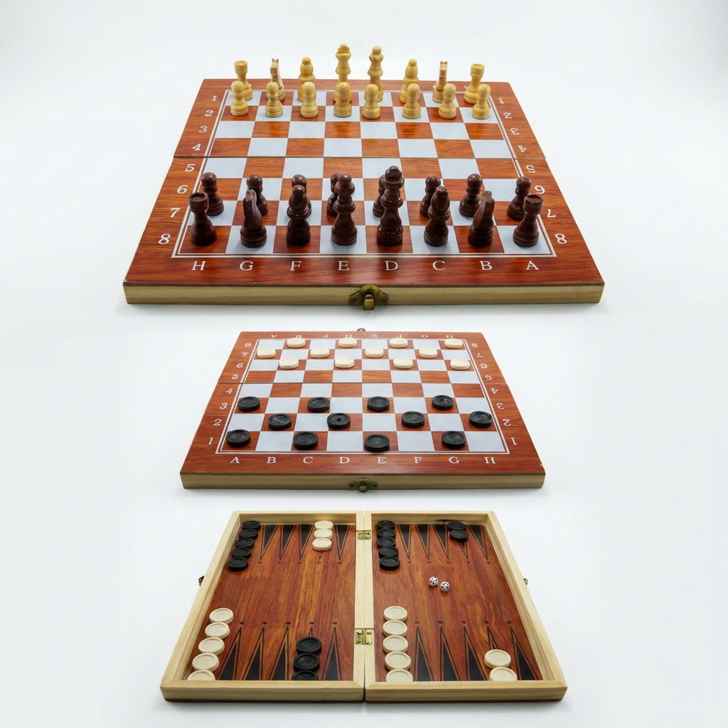 Tabuleiro Jogo De Xadrez Dama Gamão Madeira 3 Em 1 Clássico Estratégia Grande Maleta Dobrável Resistente Portátil 34cm