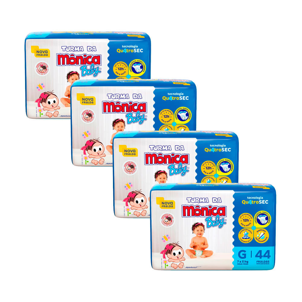 Kit 4 Fralda Turma da Mônica Baby Mega Tamanho G 44 Unidades Descartáveis