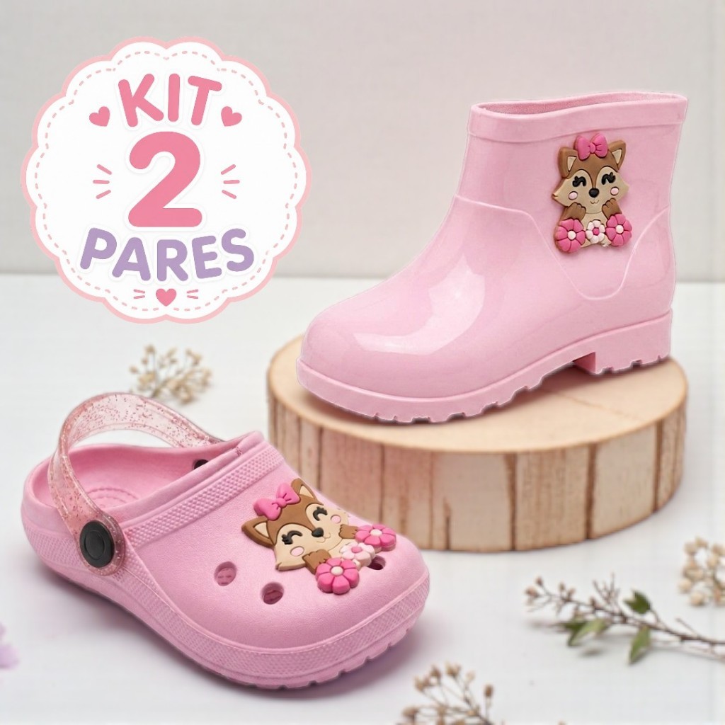 Kit 2 Pares Infantil Menina Galocha e Babuche Leve e Delicado