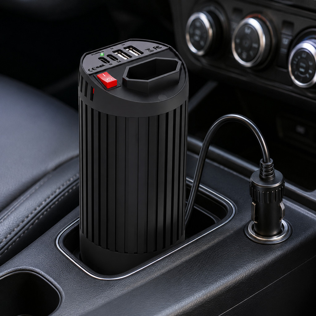 Inversor Veicular 200W Tomada 3 Pinos 2 USB 2 Tipo C Carregador para Carro Viagem VPL-3603