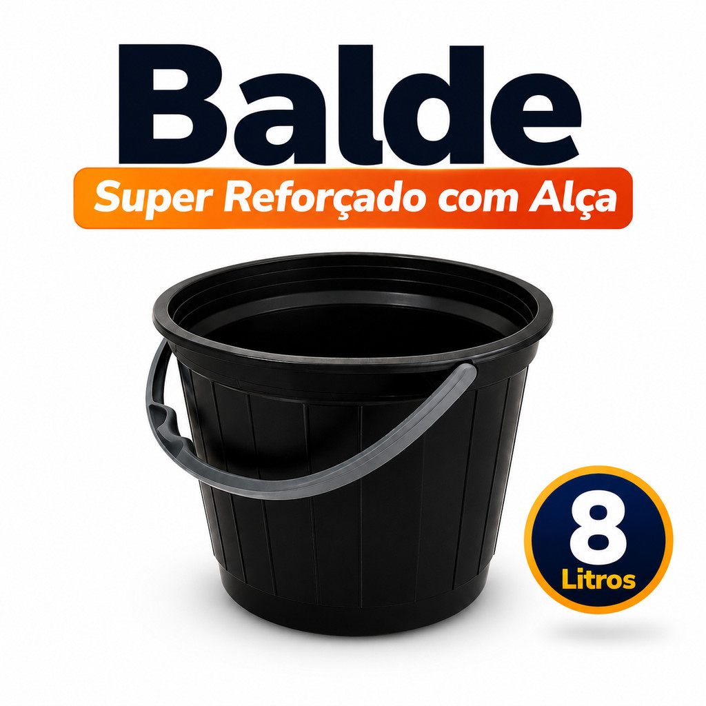 Balde Plástico Reforçado 8L com Alça Forte Limpeza Obra Jardim Uso Doméstico Resistente