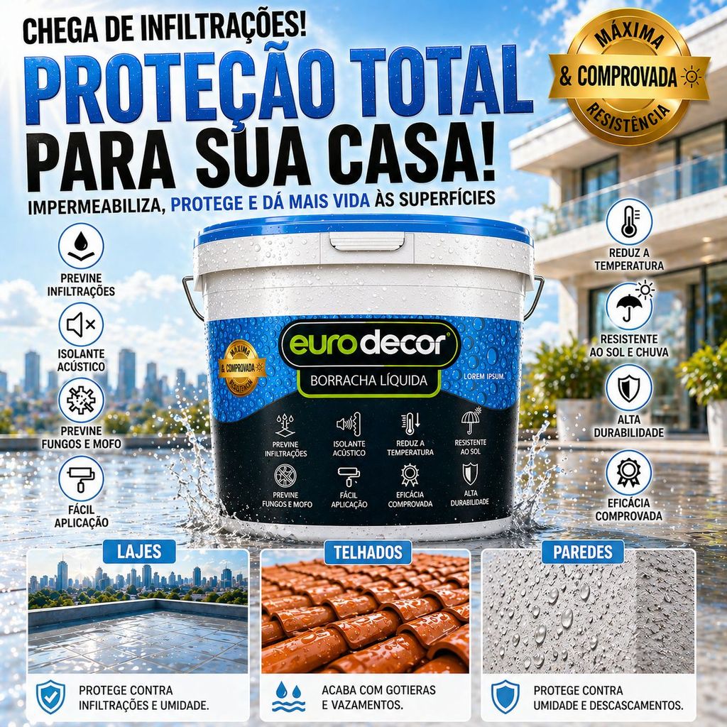 Super Borracha Líquida 1kg e 4kg Impermeabilizante Eurodecor Várias Cores