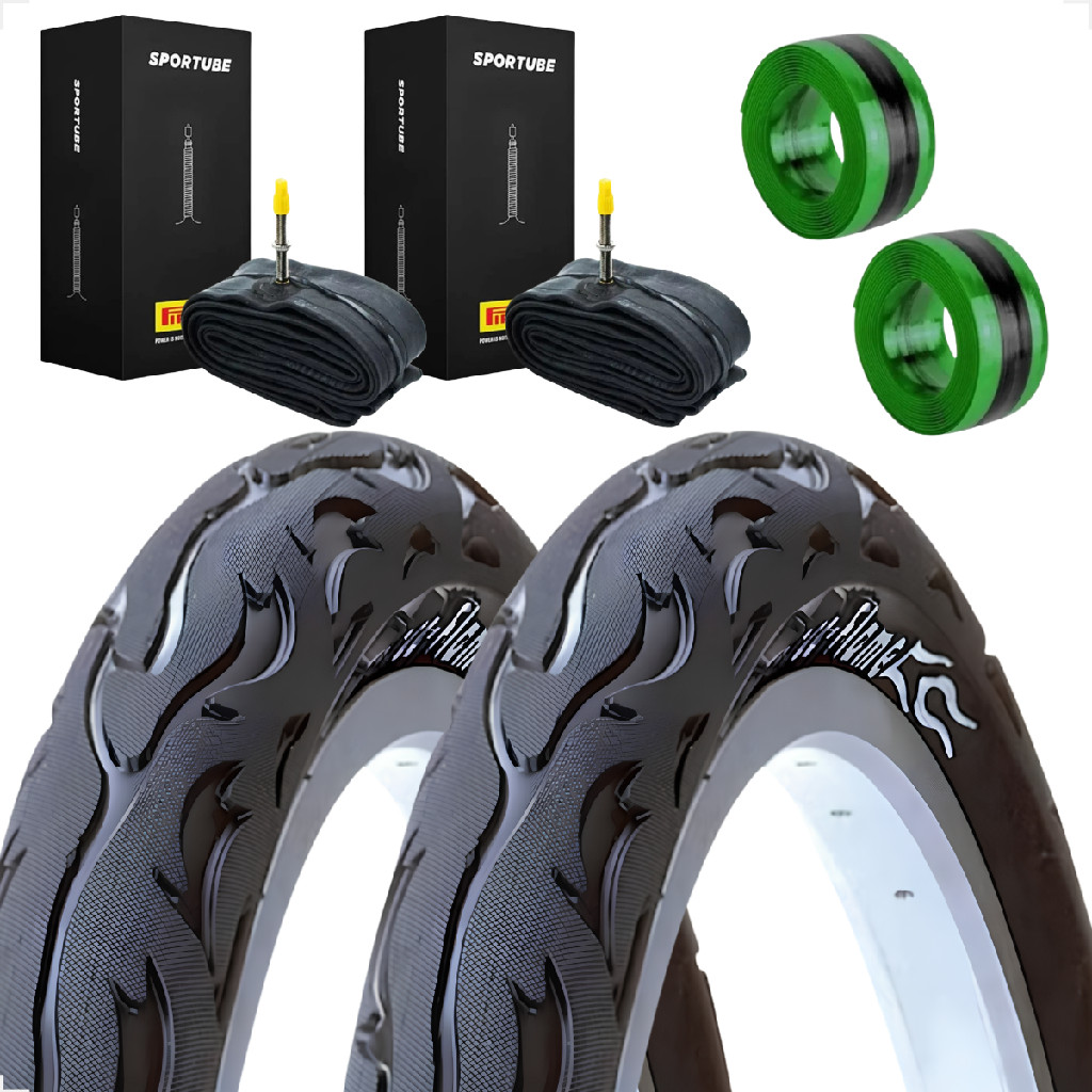 Par Pneu Bicicleta Kenda Flame Balão Aro 29 x 2.125 Liso Fogo + Camara Pirelli Bico fino + antifuro
