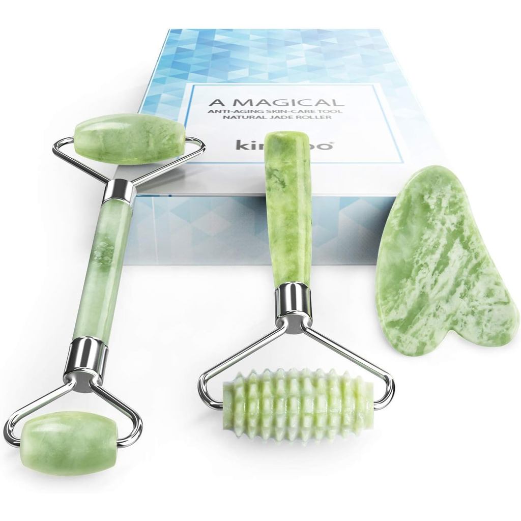 Kimkoo Jade Roller e Gua Sha para o Rosto - Kit 3 em 1 com Ferramenta de Massagem Facial, Pedra de Jade 100% Natural e R