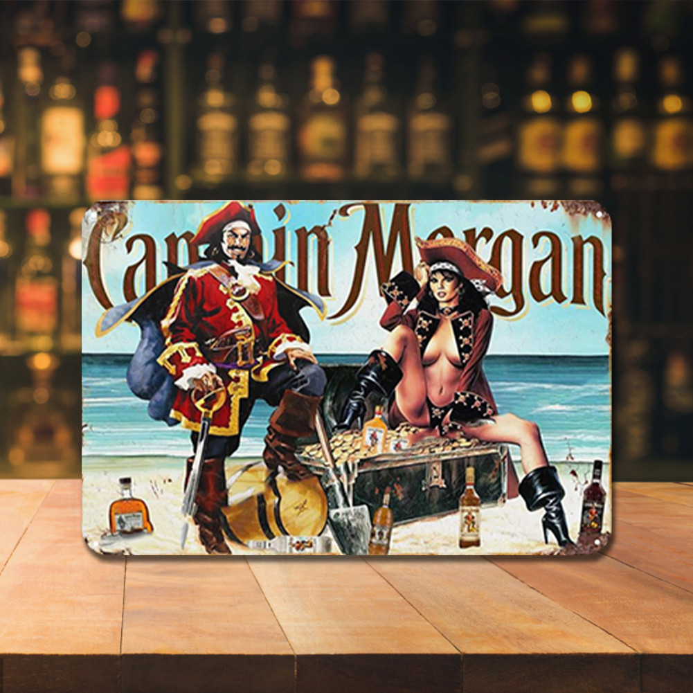 Placa De Metal Vintage Capitão Morgan Cerveja Retangular Pintura Em Ferro Decoração 30x20cm