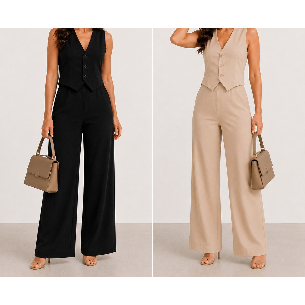 Conjunto Feminino Alfaiataria Blusinha Colete Calça Pantalona Social Elegante com Botão Moda Evangélica Outono Inverno
