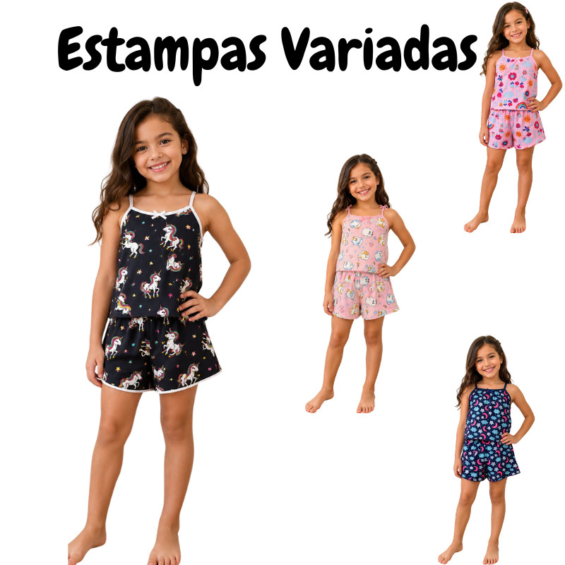 Kit 5 Pijamas Infantil Feminino Microfibra Baby Doll Estampado Confortável — imagem 2 de 2
