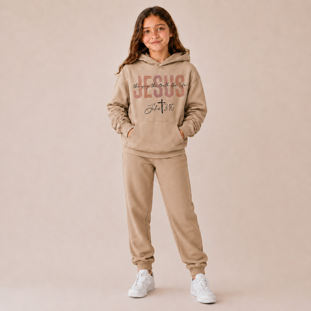 Conjunto Moletom Infantil Feminino com Calça Estampado Gospel Jesus John 3:16 João Versículo Criança Cristã Unissex