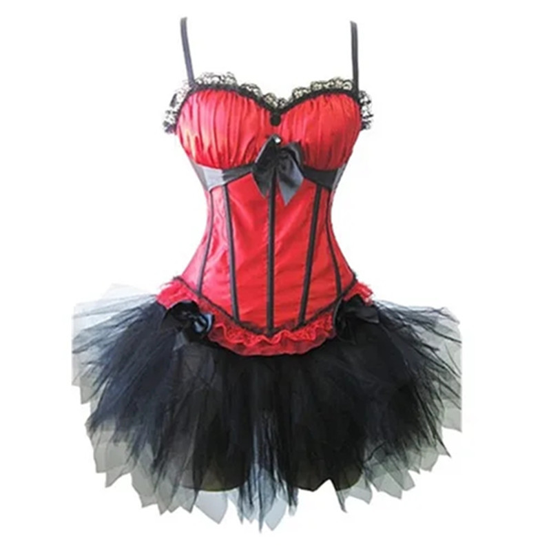 Mulher Sexy Fantasia Laço Bowknot Espartilho Topo Com Mini Saia Tutu Vermelho Cetim Vestidos Showgirl Dança Carnaval Tra