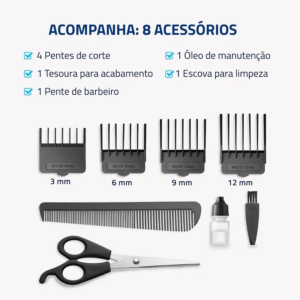 Máquina de cortar cabelo e barba com 8 acessórios Pratic Style - CR-10-BI Mondial