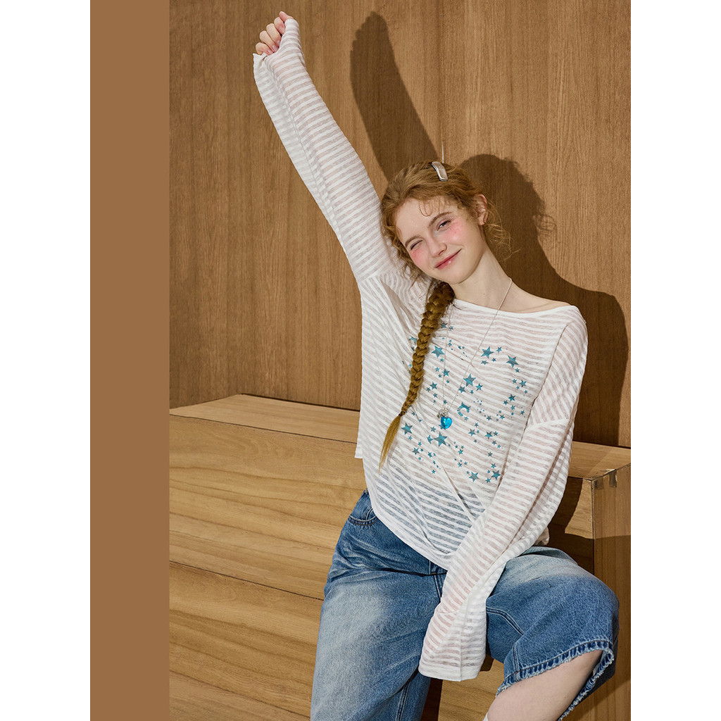 [04.15 Novo produto] coolhut estilo preguiçoso listrado Diagonal ombro manga comprida sem alças 2026 camiseta feminina d
