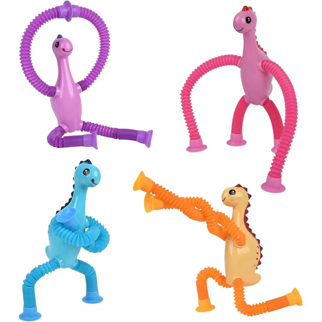 Brinquedos Antiestresse Pop Tubes de Dinossauro, Pacote com 4 Brinquedos Telescópicos com Ventosas para Crianças e Bebês