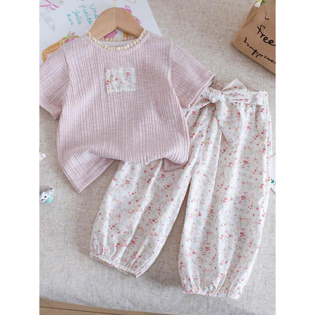 Meninas terno de verão 2025 novo estilo crianças versão coreana doce malha de manga curta camiseta + Bloomers florais te