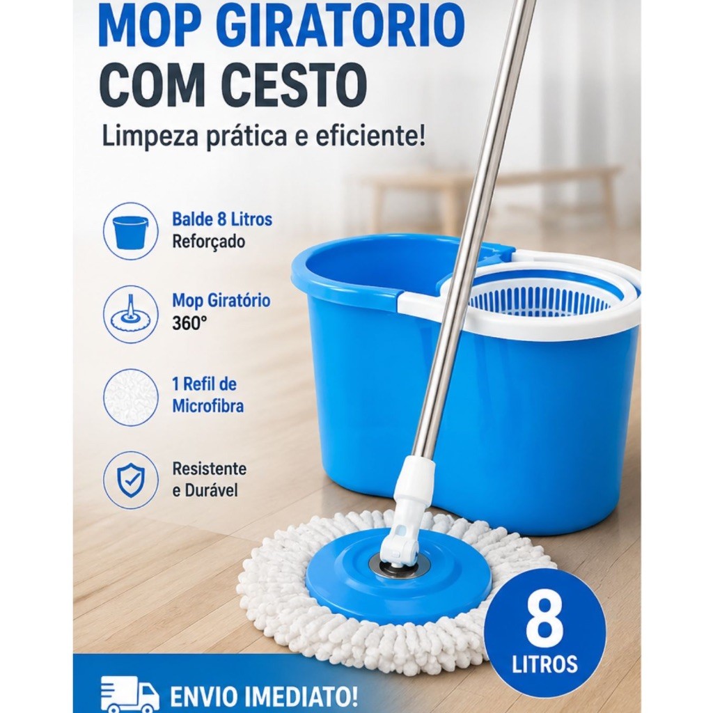 Mop Giratório Balde Centrifuga 8 Litros Esfregão Multiuso com refil balde reforçado