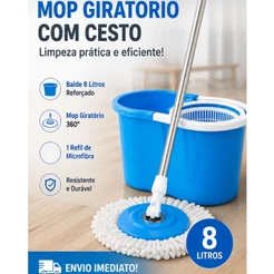 Mop Giratório Balde Centrifuga 8 Litros Esfregão Multiuso com refil balde reforçado